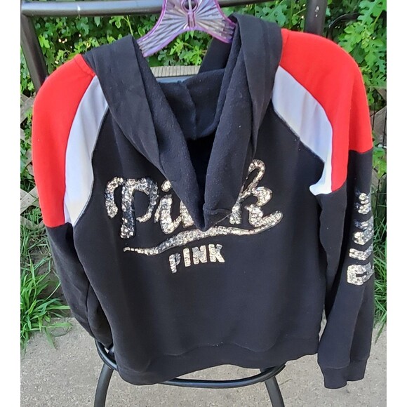 Victoria's Secret Pink Sequins Bling Full Zip Hoodie Black Red White Size Large - Picture 3 of 5
